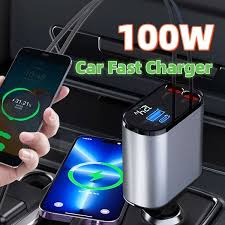 4-in-1 Retractable Car Charger | Dual USB & USB-C PD Fast Charging, 100W