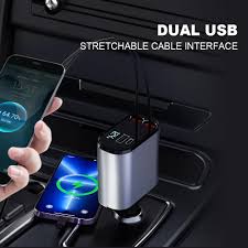 4-in-1 Retractable Car Charger | Dual USB & USB-C PD Fast Charging, 100W