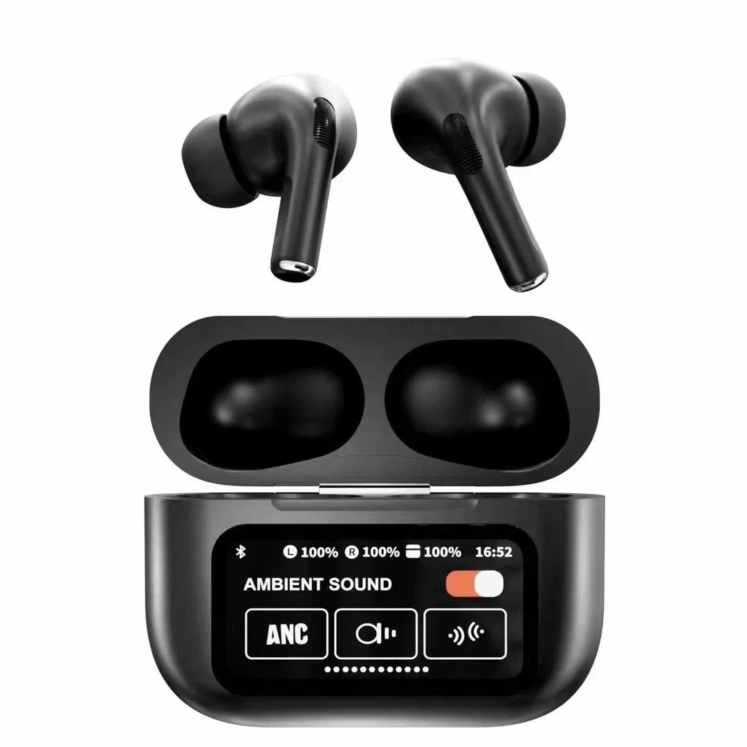 Black A9 Pro ANC Bluetooth 5.4 Wireless Earbuds with Smart Screen and Active Noise Cancellation